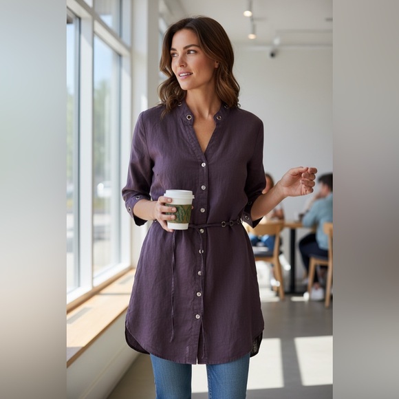 Laura Tops - Laura Brown Linen Belted V-Neck Button Down Collarless Bronze Accented Tunic